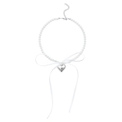 Pearl Ribbon Bow Choker Necklaces Y2k Coquette Necklace for Women - color: White