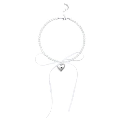 Pearl Ribbon Bow Choker Necklaces Y2k Coquette Necklace for Women - color: White