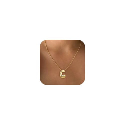 Bheop Initial Necklace for Women, Gold Silver A-Z Bubble Letter Necklace | Chunky Personalized Monogram Name Pendant, Cute Balloon Charm, Dainty Beaded Chain, Trendy Jewelry Gifts, Non Tarnish - color: Gold, style: C