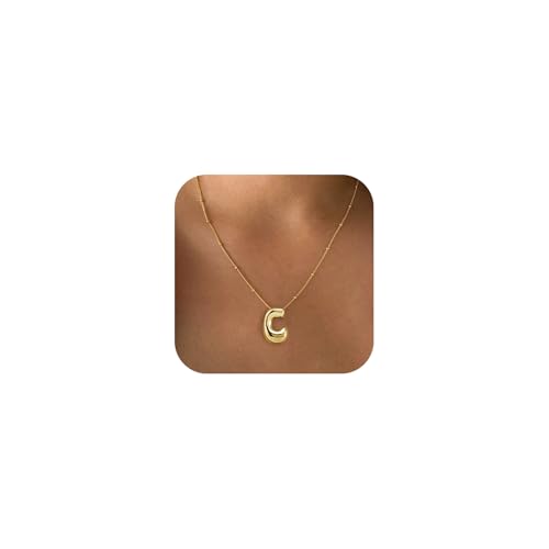 Bheop Initial Necklace for Women, Gold Silver A-Z Bubble Letter Necklace | Chunky Personalized Monogram Name Pendant, Cute Balloon Charm, Dainty Beaded Chain, Trendy Jewelry Gifts, Non Tarnish - color: Gold, style: C