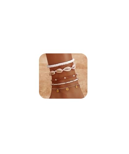 Shell Ankle Bracelet Set for Women Gold Boho Bead Anklets Summer Hawaiian Beach Seashell Pearl Disc Double Heart Starfish Conch Layered Foot Chain Jewelry Adjustable - style: A: Disc
