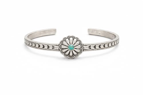 Isac Silver-Tone Concho Cuff Bracelet with Turquoise Stone, Floral Engraved, Western Boho Style