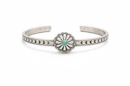 Isac Silver-Tone Concho Cuff Bracelet with Turquoise Stone, Floral Engraved, Western Boho Style