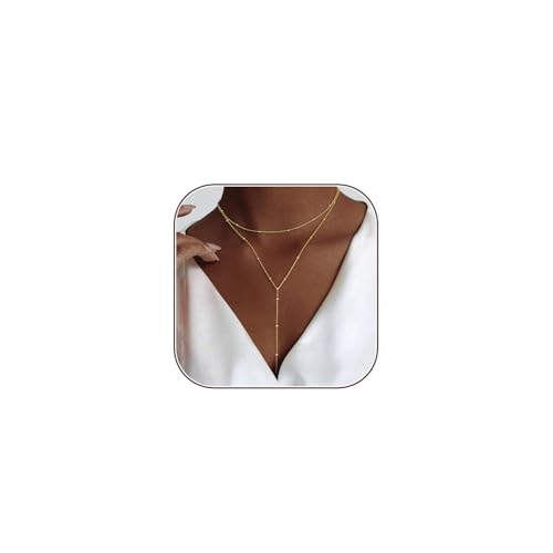 HERIER Lariat Gold Necklace for Women, Dainty Long Necklace 14k Gold Plated/Silver Y-Shaped Layered Beaded Chain Drop Necklaces for Women Trendy Simple Gold Jewelry for Women Gifts - color: Y Small Layered Bead-Gold