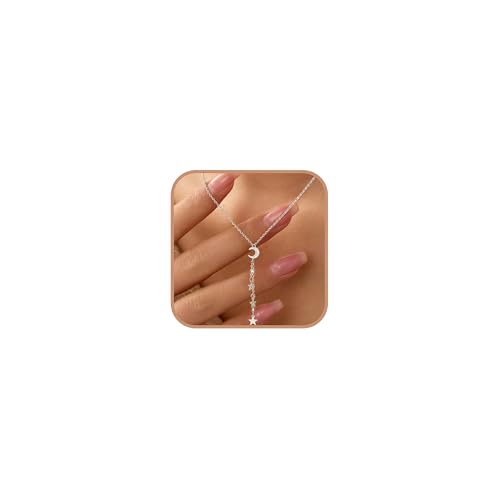 Dainty Crescent Moon Star Necklace for Women 925 Sterling Silver Y Shape Drop Lariat Necklace Trendy Pendant Choker Necklace Jewelry Birthday Ramadan Mothers Day Jewelry Gifts - color: Silver 2