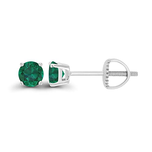14K Gold Plated 925 Sterling Silver Hypoallergenic 4mm Round Genuine Birthstone Solitaire Screwback Stud Earrings - color: Emerald Created