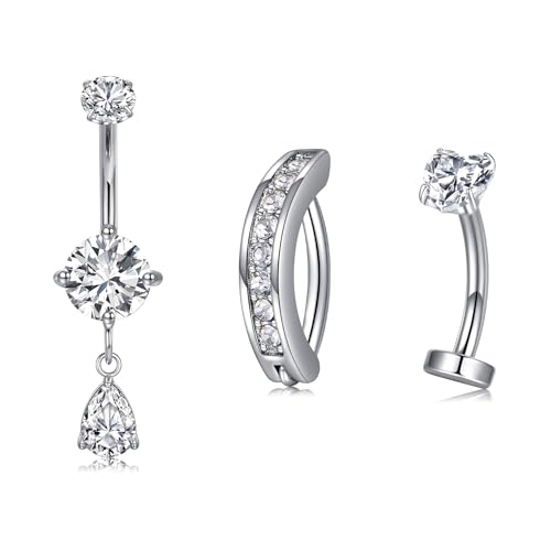 Briana Williams Belly Button Ring Clear CZ Dangle Belly Button Piercing Belly Rings Dangle Belly Button Rings Surgical Steel Teardrop Dangle Belly Button Jewelry for Women Silver Gold - color: F -Silver