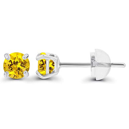 Solid 14K Gold 3mm Round Prong Set Hypoallergenic Genuine Petite Birthstone Stud Earrings - color: Created Yellow Sapphire