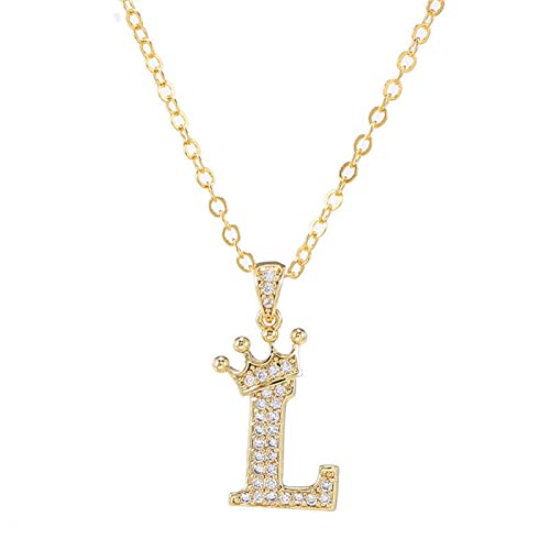 Pingyongchang Letter A-Z pendant necklace Crown letter pendant Charming initials chain necklace, inlaid crystal letter necklace - color: crown-L