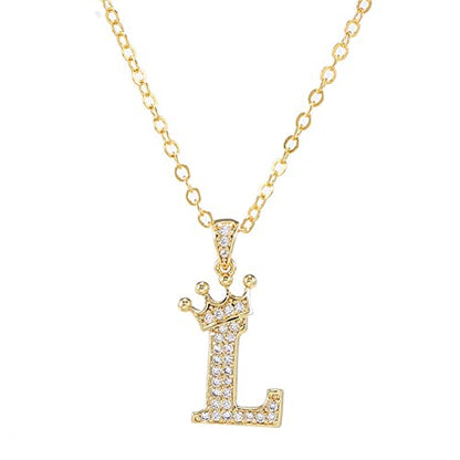 Pingyongchang Letter A-Z pendant necklace Crown letter pendant Charming initials chain necklace, inlaid crystal letter necklace - color: crown-L