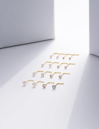 18G 20G 22G Round Cubic Zirconia Nose Rings Studs for Women Men 316L Stainless Surgical Steel Nose Ring Stud Piercing Jewelry Silver Gold Clear CZ 1.5mm 2mm 2.5mm 3mm - style: 24G (Thin) L Shaped Gold