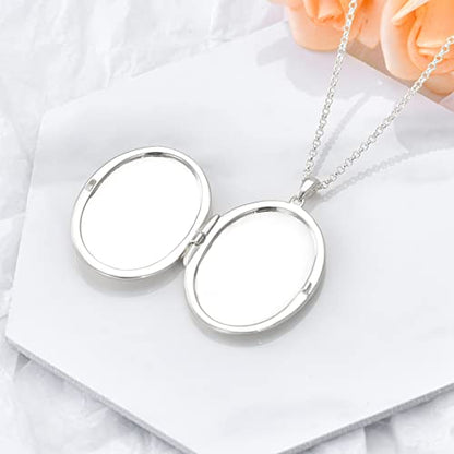 SOULMEET 10K 14K 18K Solid White Gold/Silver Minimalist Style/Infinity Sunflower Heart/Oval Locket Necklace That Holds 1 or 2 Pictures Personalized Photo Locket Necklace Letters Engraving - style: E2-White gold oval locket only