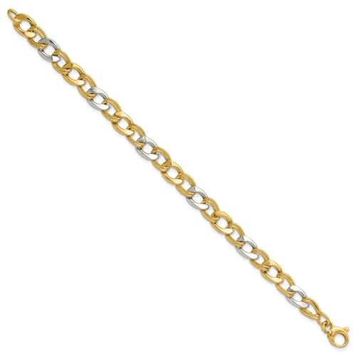 Diamond2Deal 14K Two-tone Gold Polished and Textured Fancy Link Chain Bracelet 7.25"