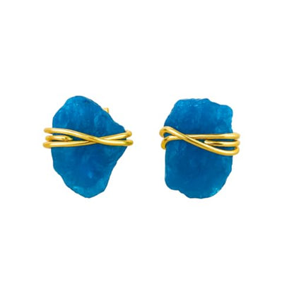 Gempires Wire Wrapped Raw Gemstone Stud Earrings for Women, Birthstone | Handmade wire-wrapped raw gemstone stud earrings — choose from stones and birthstones, artisan raw crystals on gold. - style: Neon Apatite