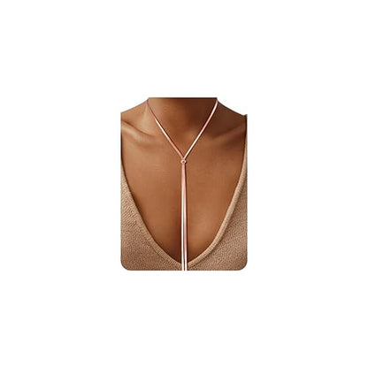 Chunky Long Y Necklace for Women, Waterproof Herringbone Drop Dangle Necklace, Adjustable Lightweight Trendy Fashion Slip Tie Necklace, Thin Layered Choker Chest Chain - color: Rose Gold