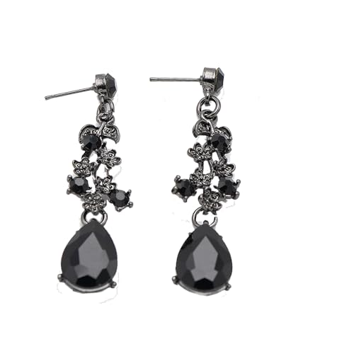 Bridal Bridesmaid Austrian Crystal Jewelry Set, Floarl rhinestone Statement Neckace Teardrop Necklace Drop Dangle Earrings Set - color: Black