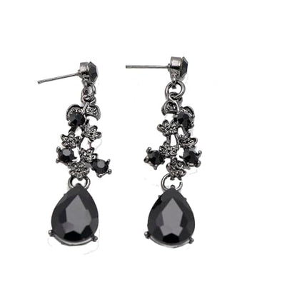 Bridal Bridesmaid Austrian Crystal Jewelry Set, Floarl rhinestone Statement Neckace Teardrop Necklace Drop Dangle Earrings Set - color: Black