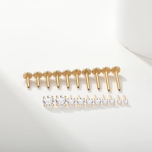 Aumeo 20G 18G 16G Threadless Push in Nose Rings Studs Surgical Steel Labret Jewelry Monroe Lip Rings Studs Medusa Ashley Piercing Jewelry for Women - color: Gold, size: 16g*6/7/8/10/12mm