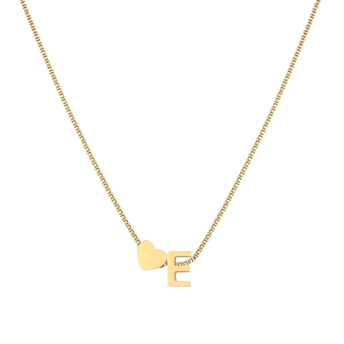 18K Real Gold Plated Heart Initial Necklace for Women-Personalized A-Z Letter Pendant on Durable Stainless Steel Box Chain (16+2.5 inch Adjustable) Hypoallergenic Everyday Jewelry Gift Boxed for Mom Wife - style: Gold:E