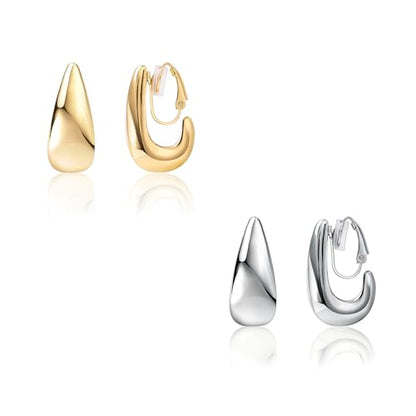 FAN&LOUIS Gold and Silver Clip On Earrings for Women, Chunky Huggie Teardrop Clip-on for Non Pierced Ears - style: Gold and Silver