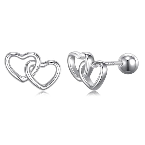 JSGEMSLEE Hypoallergenic 925 Sterling Silver Stud Earrings for Women With Screw Back Small Butterfly Heart Flower Earrings for Girls Tragus Cartilage Jewelry Gifts - color: double heart