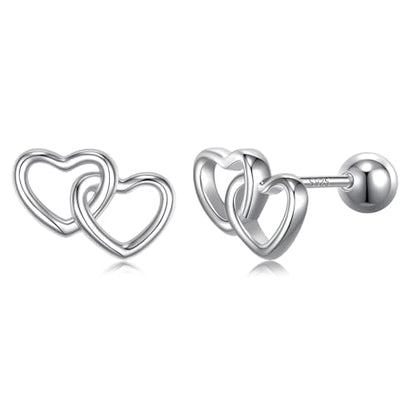 JSGEMSLEE Hypoallergenic 925 Sterling Silver Stud Earrings for Women With Screw Back Small Butterfly Heart Flower Earrings for Girls Tragus Cartilage Jewelry Gifts - color: double heart