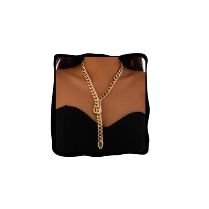 Cuban Link Chain Necklace Punk Belt Buckle Shaped Chunky Choker Necklace Statement Thick Chain Necklace Jewelry Gifts for Women Men - color: Style1-gold-long