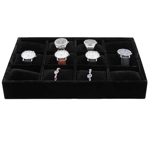 Jewelry Watch Tray, Black Velvet Watch Jewelry Organizer 12 Grid, Stackable Watch Bracelet Bangle Display Holder, Adjustable Pillows, for Man Woman Show Birthday - color: Black