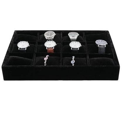 Jewelry Watch Tray, Black Velvet Watch Jewelry Organizer 12 Grid, Stackable Watch Bracelet Bangle Display Holder, Adjustable Pillows, for Man Woman Show Birthday - color: Black
