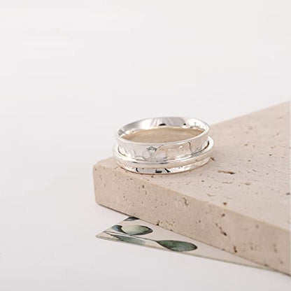 925 Sterling Silver Anxiety Ring with Beads Fidget Spinning Rings for Women Worry Beads Rings - color: hammered design A