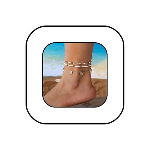 Boho Shell Ankle Bracelet Set for Women Gold Plated Adjustable Anklet Beach Inspired Foot Jewelry with Starfish & Pearl Charms - color: B