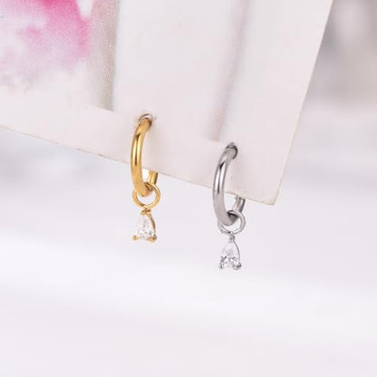 Ourania 16G Gold Stainless Steel Zircon Dangle Huggie Hoop Rook Piercing Helix Hoop Earring Tragus Hoop Cartilage Piercing for Women - color: Triangle Silver 2PCS, size: 1.2*6mm 2pcs