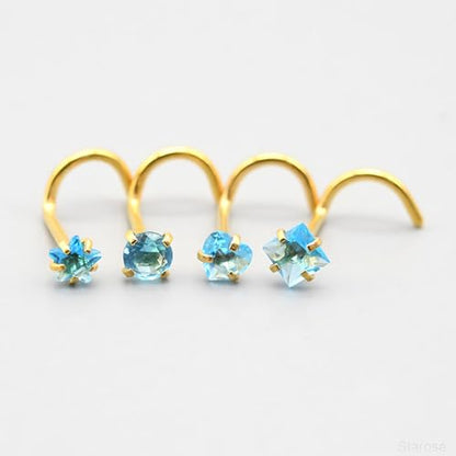 8 Pcs-Pack, Crystal Nose Studs, 20G Stainless Steel, 3mm Zircon, Multiple Shapes Zircon Labret Nose Piercing Ear Jewelry - color: Lake Blue