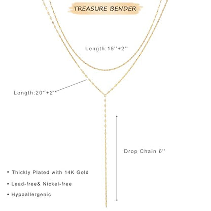 Lariat Gold Necklace for Women Dainty Long 14K Gold Plated Y-Shaped Body Chain Choker Necklace Trendy Non Tarnish Pendant Simple Layered Necklaces Gold Jewelry for Women Set Gift - color: Double Lip Chain