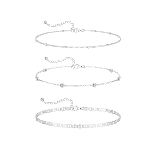 MFRYK Gold Ankle Bracelets for women,14k Gold/Silver Plated Waterproof Layered lightweight Cuban Link Figaro Chain Heart anklet butterfly anklet Pearl Ankle Bracelets Set Gold Anklets for women Trendy Jewelry Gift for Women - style: 3 anklets CZ satellite