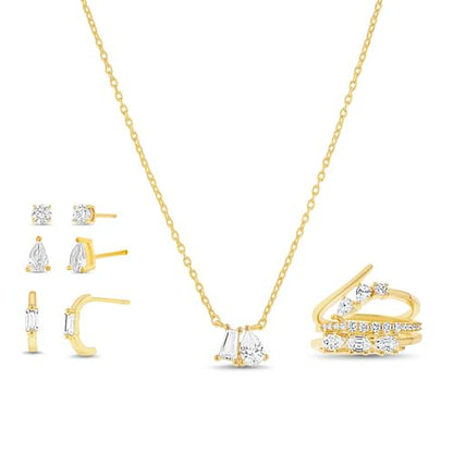 Devin Rose 7 Pcs Cubic Zirconia Trend Necklace Stack Ring Stud Earring Set for Women in Metallic Travel Case Organizer Gift Jewelry Box with Lid