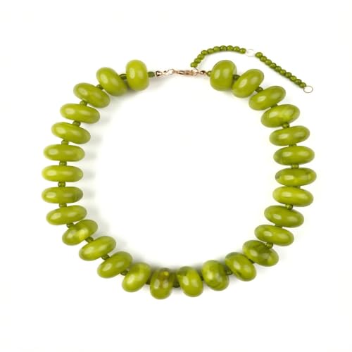 Chunky Beaded Statement Necklace for Women, Colorful Rondelle Bead, Bohemian Style, Adjustable Length, Summer Beach Accessory - color: Olive Green
