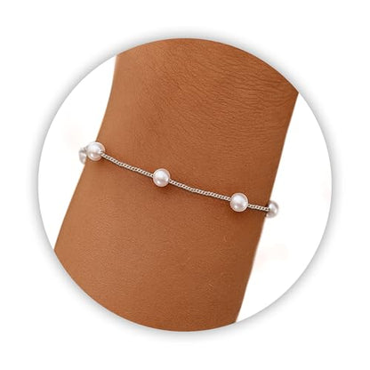 DAYANEY Pearl Bracelets for Women Gold Bracelet Silver Pearl Jewelry | Gold Bracelet Silver Pearl Jewelry Summer Gifts for Girls Dainty Daisy and Heart Bracelets Cute Floral Jewelry for Bridesmaid - style: Silver Pearl