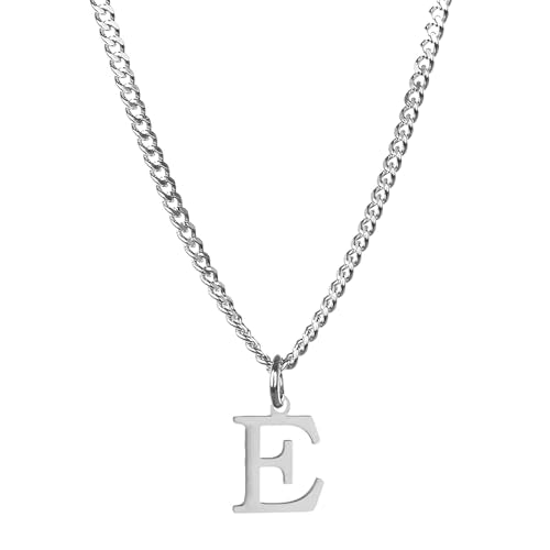 Men’s Minimal Initial Necklace, Stainless Steel Gold Silver Tone 26 Letters Pendant Necklace for Men Women 3.5mm Cuban Chain Waterproof - style: E