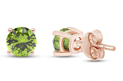Birthstone Stud Earrings for Women 4MM Round Simulated Gemstone Studs | Push Back Earrings In 14K Gold Over Sterling Silver - color: August - Peridot