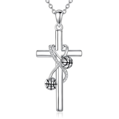 POPLYKE Cross Necklace for Women 925 Sterling Silver Cross Pendant Necklace Animal Jewelry Christmas Gifts for Women Mother Grandma - style: basketball