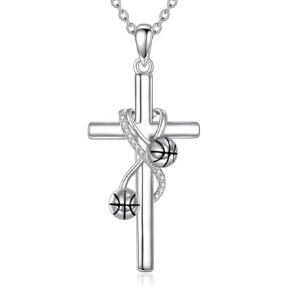 POPLYKE Cross Necklace for Women 925 Sterling Silver Cross Pendant Necklace Animal Jewelry Christmas Gifts for Women Mother Grandma - style: basketball