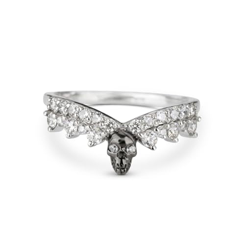 925 Sterling Silver Two Tone Skull Ring for Women Gothic Engagement Rings Enhancers Round 0.40CT AAA Cubic Zirconia Curved Wedding Band Size 3-10 - color: Silver+Gun Metal Finish