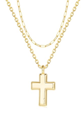 14K Gold Layered Cross Necklaces for Women,Tiny Small Sideways Cross Necklace Minimalist Christian Jewelry Gifts First Communion Confirmation Easter Stuff,2Pcs - color: Style E，paperclip with cross