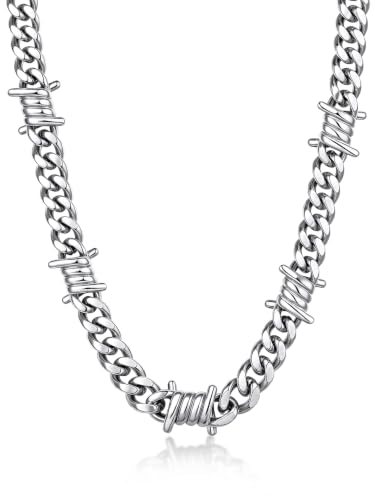 Bandmax Stainless Steel Barbed Wire Cuban Chain Necklace for Men & Women | Edgy Fierce Design, Waterproof & Tarnish Resistant, Silver/Black Tone, 5/7/9/12MM, 16-22 Inches, Street Punk Style Jewelry - color: A1 9MM-Silver, size: 20 Inch (51cm)