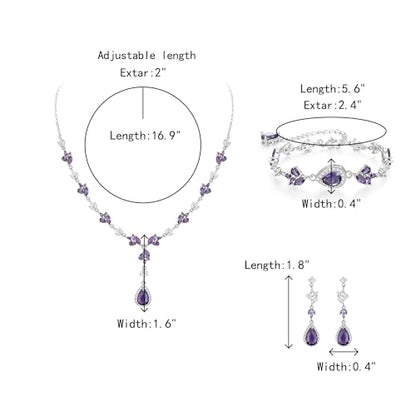 Teardrop Marquise Cubic Zirconia Wedding Prom Jewelry Set for Women Bridal | Silver/Gold/Rose Gold Plated, Pear Cut Pendant Necklace Drop Earrings Link Bracelet, for Bride Bridesmaid, for Banquet Party - style: A_Three Set, Purple