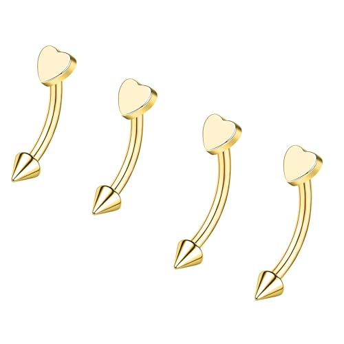 ZS 2 Pairs Stainless Steel Eyebrow Rings, 16G Curved Belly Rings Navel Barbell Helix Daith Tragus Earrings, 8/10mm Spike Vertical Labret Lip Piercing Jewelry - color: Gold,Heart-L:8/10mm