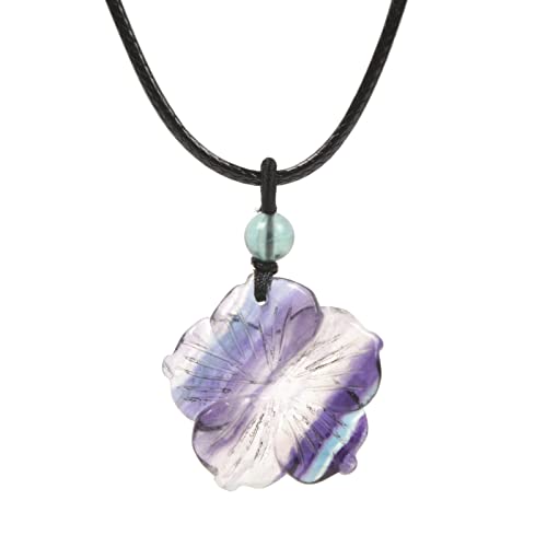 Justinstones Hand Carved Healing Crystals Gemstone Hawaii Flower Pendant Hand Weaving Wax Rope Necklace 22 inch - color: Rainbow Fluorite