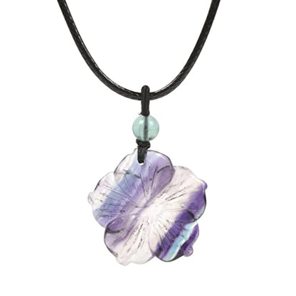 Justinstones Hand Carved Healing Crystals Gemstone Hawaii Flower Pendant Hand Weaving Wax Rope Necklace 22 inch - color: Rainbow Fluorite