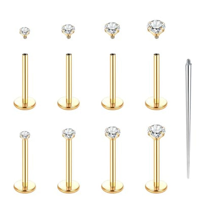 Xpircn Flat Back Stud Earrings 14K Gold Plated Internally Threaded CZ Stud Piercing Jewelry for Tragus Helix Cartilage Conch Nose Hypoallergenic Lip Labret Medusa Piercing 16G 18G - color: 18 Gauge, Gold, size: 10mm Bar